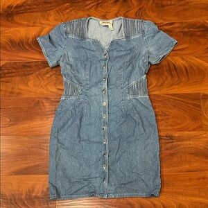 Vintage Blue Button-Down Above the Knee Dress with Shoulder Pads
